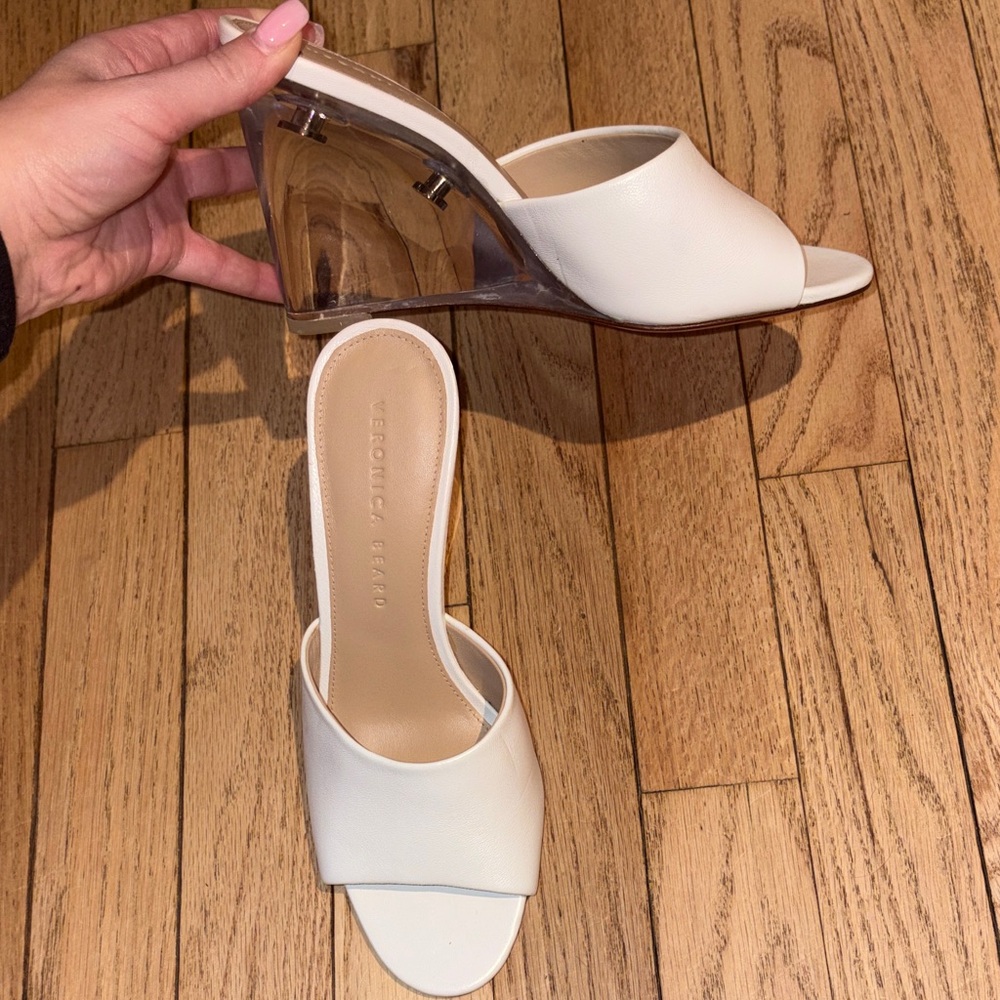 Veronica Beard White Clear Wedge Mules